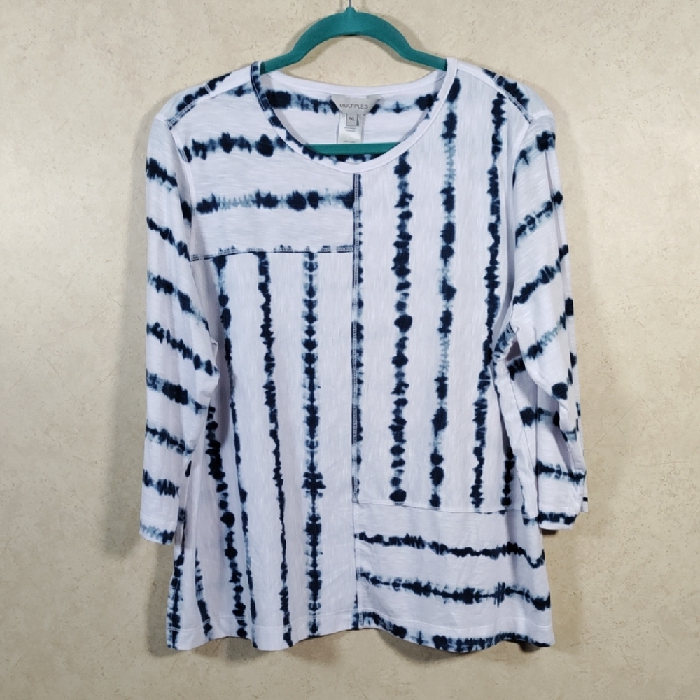 6108 Multiples teal & white tie dye 3/4 sleeve knit top PXL NEW